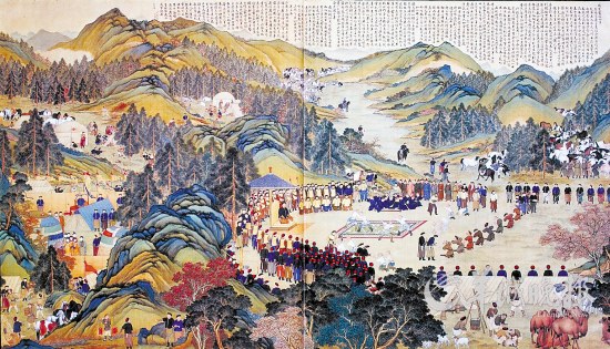 清代郎世宁《塞宴四事图》描绘的摔跤比赛（局部，北京故宫博物院藏）