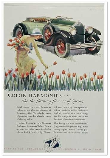 别克公司（Buick） 1928 年 5 月的一张广告，绘有一辆彩色喷漆外壳的小轿车。图／麻省理工学院出版社